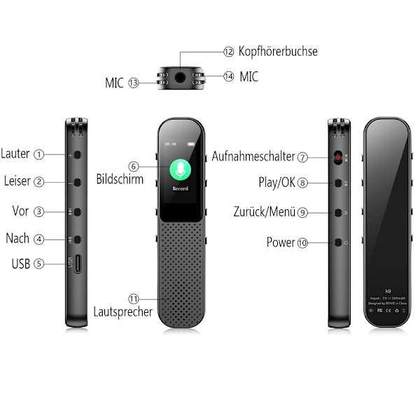 64 GB digital röstinspelare mini, 3072 Kbps röststyrd inspelare, typ-C ultrahöghastighetsdataöverföring, används för kurser, konferenser etc.