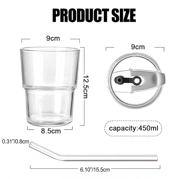 450ml Tumbler vannglass, vannflaske med sugerør og lokk forseglet bære på, glass kaffekopp istekopp