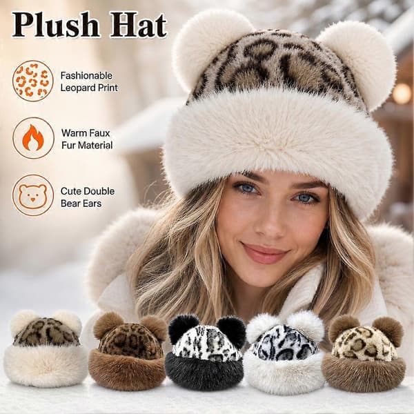 Leopardmønstret mongolsk hat med bjørneører, vintervarm, polyester, letvægts, vindtæt, stilfuldt vinterlook style5 One size