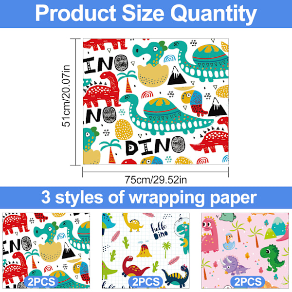 Dinosaurietecknad presentpapper, 6 ark 3 stilar mönster presentförpackning söt dino tema design, återvinningsbar dino presentinslagning för pojkar, flickor, barn