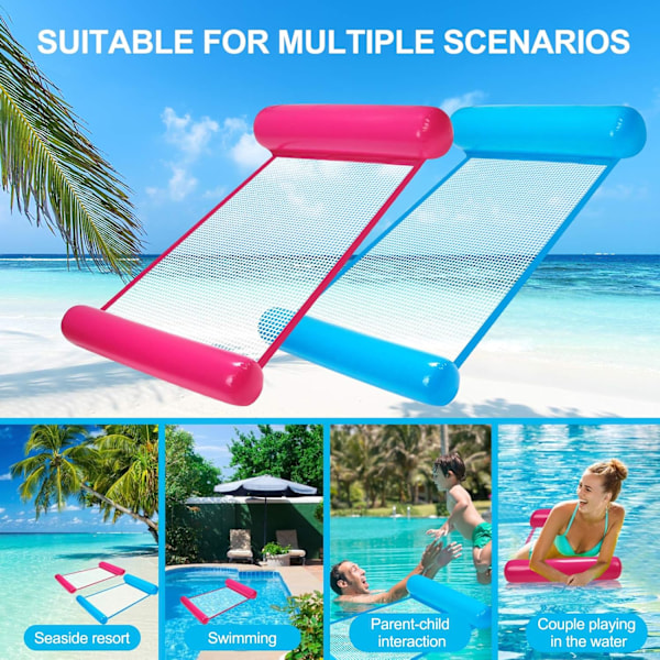 Pool Floats för vuxna, vattenpoolhängmattor, poolflottörhängmatta, multifunktionell uppblåsbar hängmatta, för pool, sjö, utomhus, strand (blå, rosa)