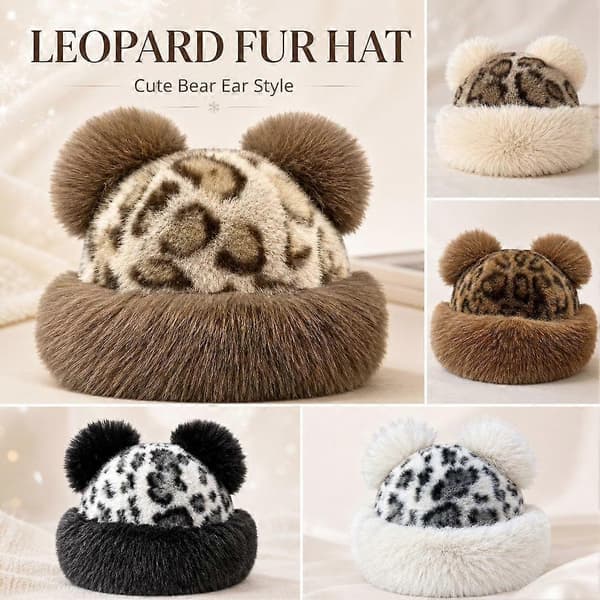 Leopardmønstret mongolsk hat med bjørneører, vintervarm, polyester, letvægts, vindtæt, stilfuldt vinterlook style5 One size