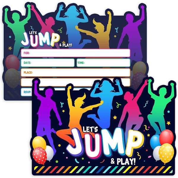 Hoppfest-invitasjonskort, 12 fargerike bursdagsinvitasjonskort for barn med 12 konvolutter Hopp Trampoline Premium Postkort for jenter gutter