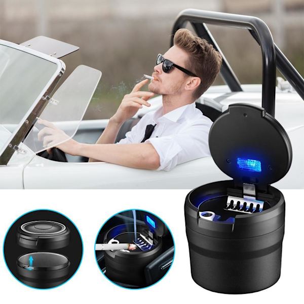 Auton tuhkakuppi kannella ja LED-valolla Kannettava tuhkakuppi autoon Mini-auton roskakori Vedenpitävä ulko- ja kotikäyttöön