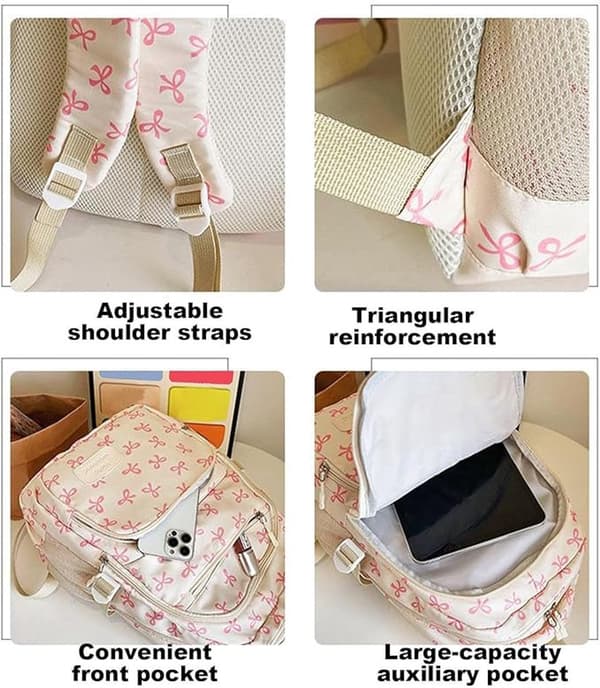Girls' Printed Backpack - Student Backpack - Cute Three-Piece Bow Backpack - Suitable for Travel, School, and Commuting blue