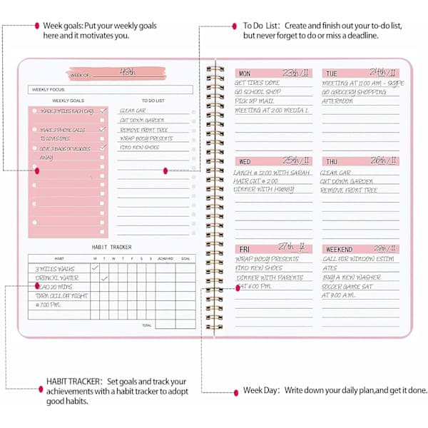 Weekly Planner Notebook, Undated A5 Planner Notebook Daily Planner To Do List Diary, Weekly Goal Planner with Habit Tracker