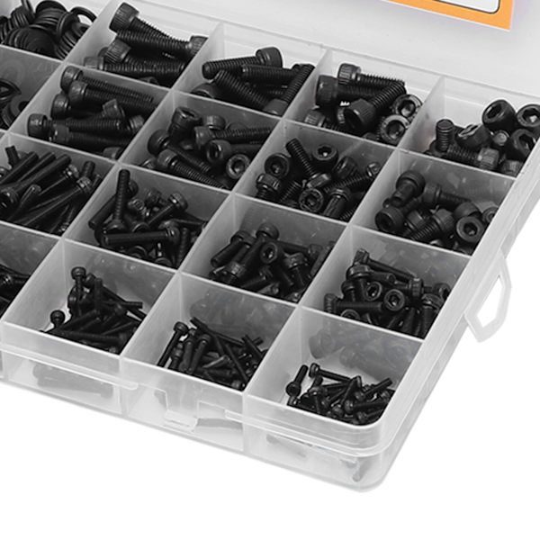 1220-dels Hex-skruv, mutter och bricka-set, sortiment, kapellhuvud, kolstål, M2 M3 M4 M5, svart