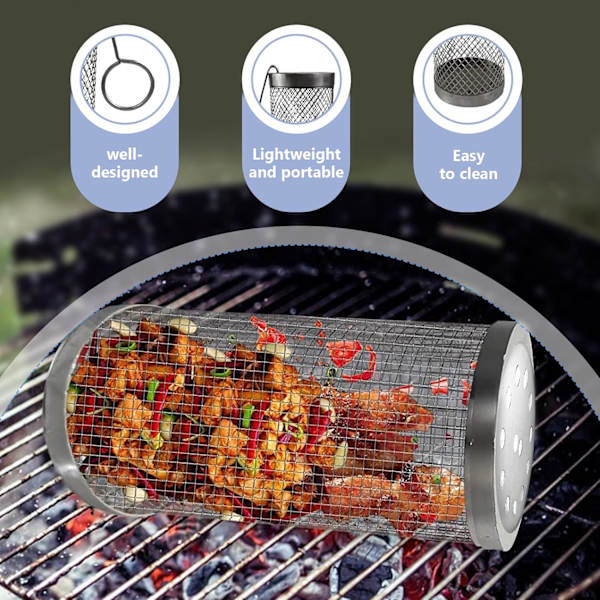Rullende grillkurv, grillkurve i rustfrit stål, grillkurv, rullende grillkurv, cylindrisk grillkurv, med krog, til grillning