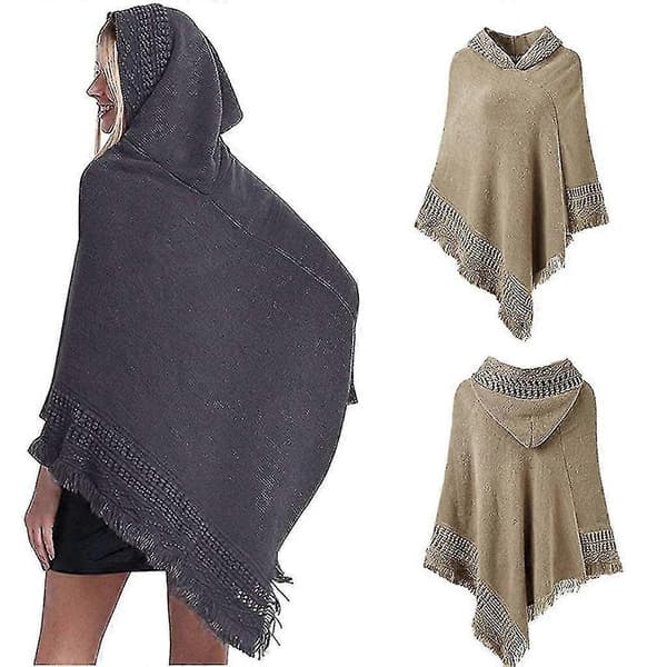 Strikket hætteponcho til kvinder, ensfarvet hæklet sjal med kvaster, oversized pullover-kappe Coffee