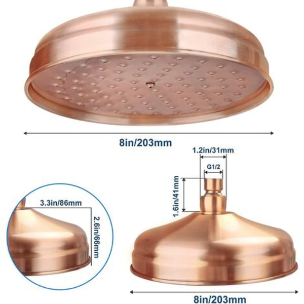 Kobber brusehoved, 20 cm (8 tommer) diameter, fastmonteret brusehoved med højt tryk