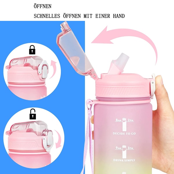 1L vesipullo, juomapullo oljella ja aikamerkinnällä,
