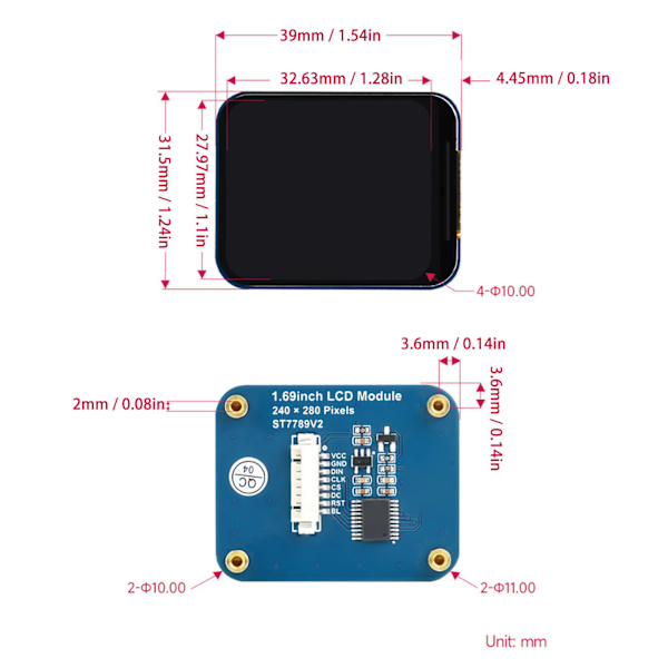 1,69-tums IPS LCD-skärmmodul 240x280 upplösning SPI-gränssnitt 262K färger LCD-modul för Raspberry Pi för STM32