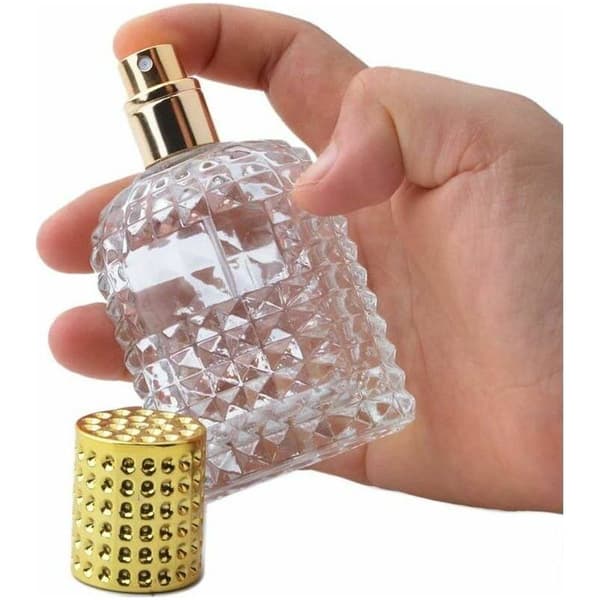 Påfyllningsbara tomma sprayflaskor i klar glas, 50 ml, med påfyllningstratt (guld)