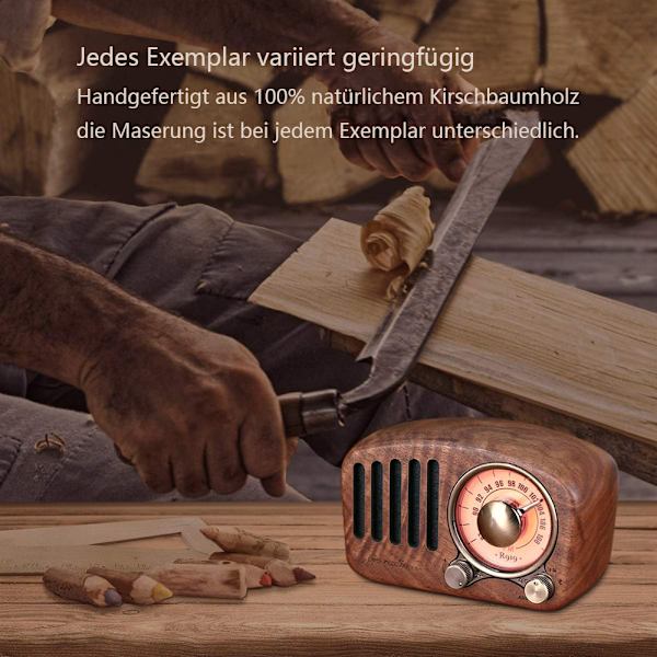 FM Klassisk Trä Retro Radio Liten, Bärbar Radio med Bluetooth Högtalare, Nostalgi Radio med AUX/SD Funktion, 1100mAh Laddningsbart Batteri. (Valnöt)