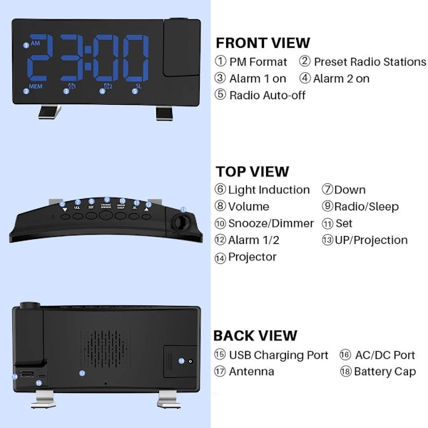 Radioväckarklocka med projektion, projektionsväckarklocka, digital väckarklocka med dubbel alarm, 4 alarmtoner med 10 volym, 15 FM-radio, USB-port,