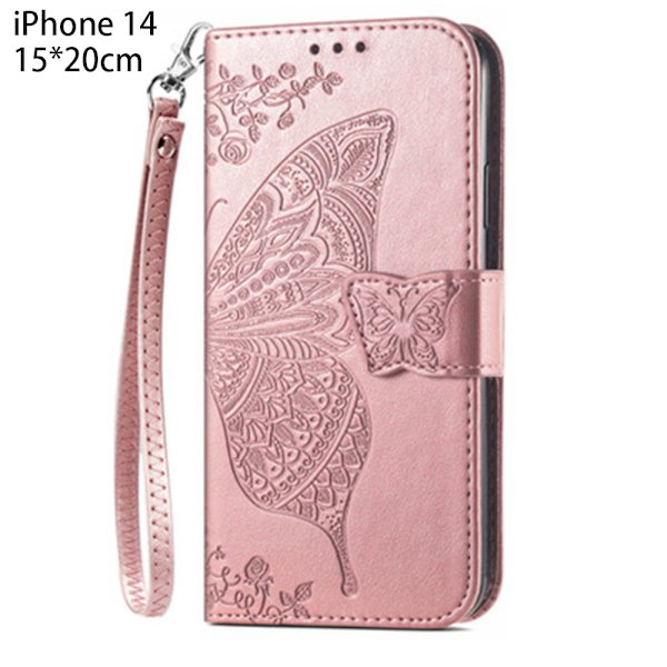 PU Läder Stativ Korthållare Strap Flip Cover för iPhone 14