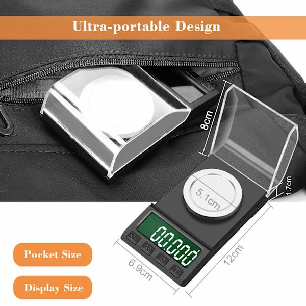 Tarkkuustaskuvaaka, 50g/0,001g Precision Scale -koruvaa'at, kannettava digitaalinen vaaka LCD-näytöllä, kalibrointipainolla, pinsetit,