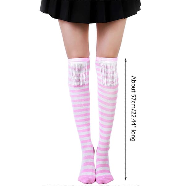 Over-knee lange strømper til kvinder og piger med kvaster, patchwork, julestribede lårhøje strømper til fest og kostume, sort Black