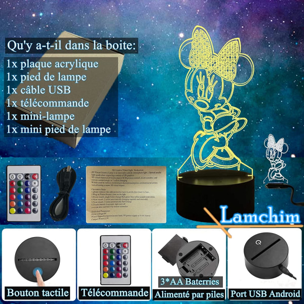 Belle veiilleuse LED Mickey Minnie Mouse, telefonkommando USB lampa