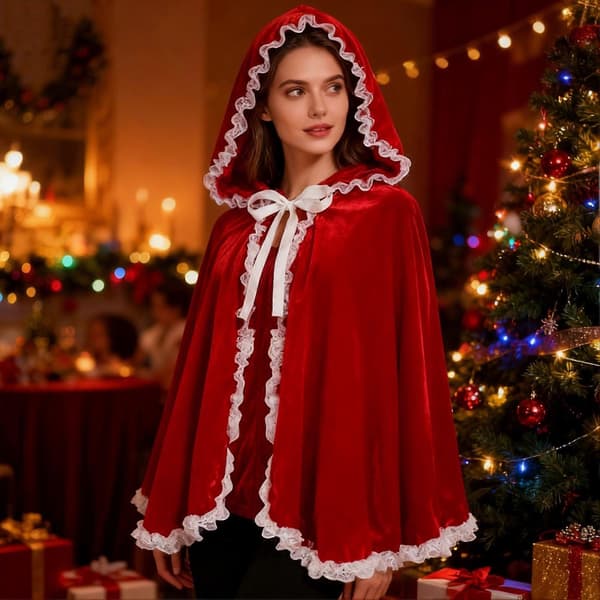 Fehekskappe – Blød fløjl og hætte – til julekostume og temafester Red 60cm