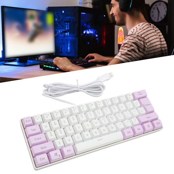 Gaming tastatur USB 61 taster RGB baggrundsbelyst ergonomisk kontrastfarve pladsbesparende kablet tastatur til stationær bærbar computer lilla hvid