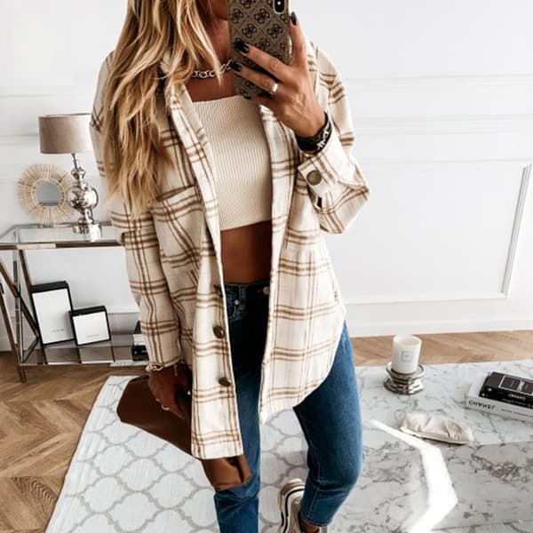 Relaxed Wool Blend Button Winter Plaid Trench Coat with Pockets M