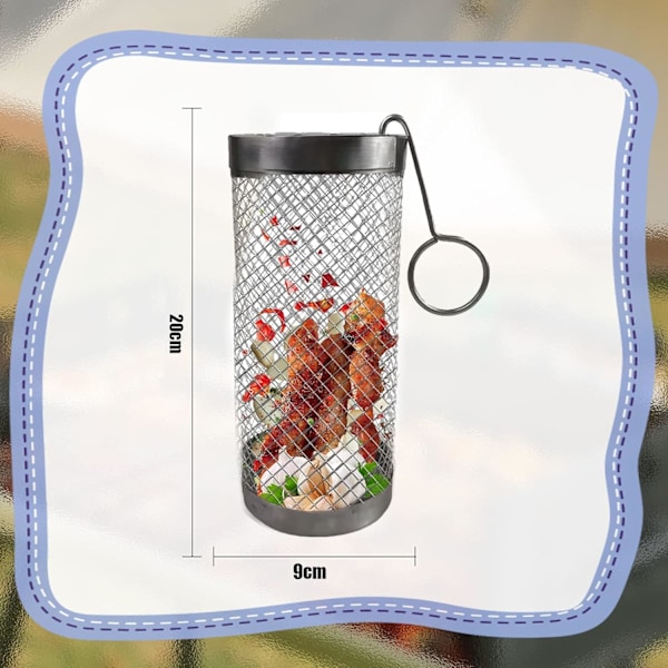 Rullende grillkurv, grillkurve i rustfrit stål, grillkurv, rullende grillkurv, cylindrisk grillkurv, med krog, til grillning