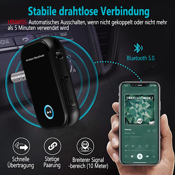 Cocoda Bluetooth sovitinauto, Mini Aux Bluetooth 5.0 -sovitin handsfree-puheluilla, kaksoisyhteys, 16 tunnin soittoaika, Bluetooth vastaanotin autoon, kotiin