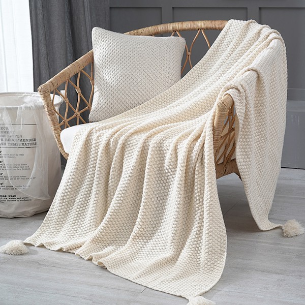 Pledd, myk strikket ullpledd, frynser, boho-pledd