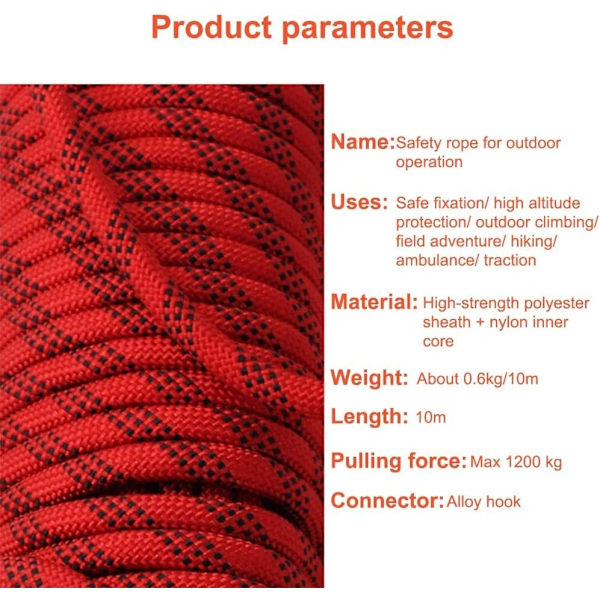 Klätterrep Diameter 12Mm med 2 Karabiner, Högstyrka Säkerhetsrep Nylonrep Flyktrep, Extremt Rivtåligt Upp Till 1200 Kg, Längd 10M