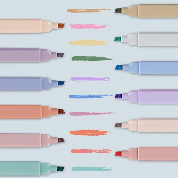 12-pack bibliska pastellfärgade markeringspennor i milda blandade färger med mjuk mejselspets, ingen blödning, torkar snabbt, lätta att hålla i, söta estetiska markeringspennor för journal
