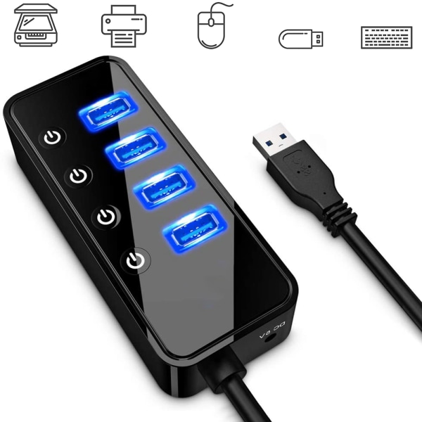 4-Port USB 3.0 Hub med 4 USB 3.0 dataporte og 1 USB Smart Charging Port, USB Splitter med individuelle tænd/sluk-kontakter og 5V/3A strømadapter
