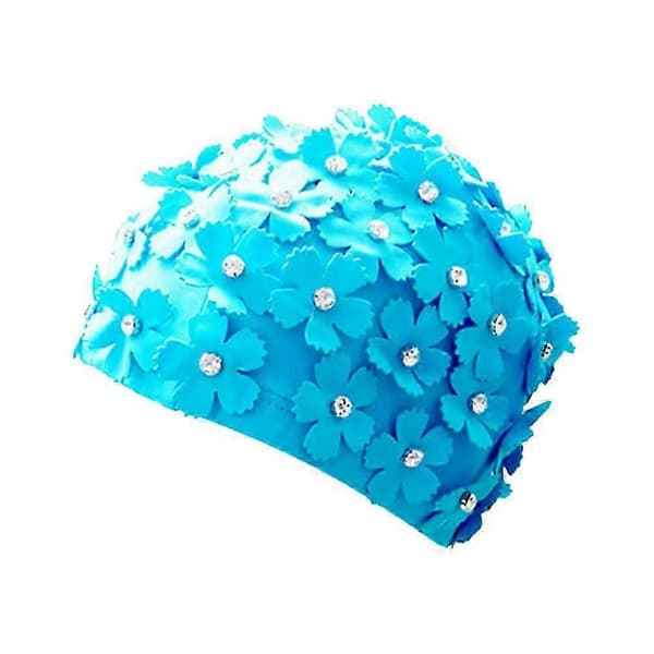 Oversized badehatte, 3D-blomsterdesign med rhinsten, stilfuldt svømmetilbehør_NY Blue