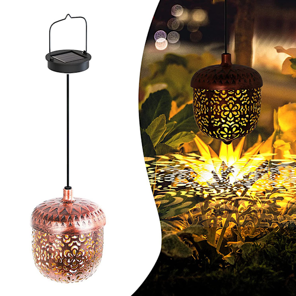 Elegant Utomhus Solcellshänglykta, Kopparfärgad Metall Solcellslampa med Unik Kottformad Ihålig Blomstermönsterdesign