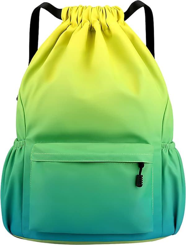 Drawstring Gym Bag, Large Drawstring Bags with Mesh Pockets, Waterproof Nylon Drawstring Bag, Drawstring Gym Bag Yellow Green