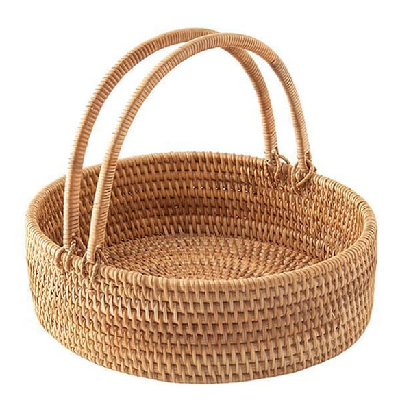 Rattan Picnic Basket with Handles,Oval Wicker Hand-Woven Basket for Fruit,Halloween Basket Candy Basket(28*26*8cm)