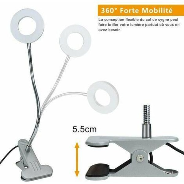 6w Dimbar skrivbordslampa Flexibel dimbar/temperaturjusterbar 3 ljuslägen, USB-sänglampa, klämlampa, silvermetall, gåshalsdesign (adapter