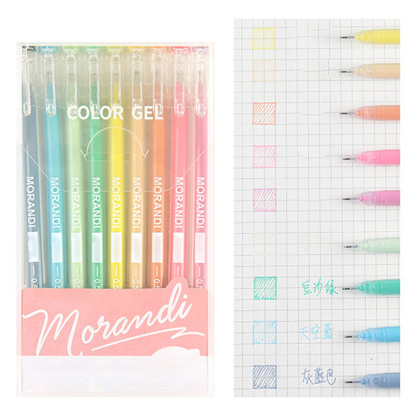 Gelfjærpenner (0,5 mm), assorterte farger, 9 stk.