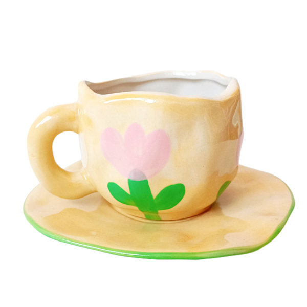 Keramisk kaffekopp, søt rosa damekopp med skål, egnet for kontor og hjem, tåler oppvaskmaskin og mikrobølgeovn (250 ml).
