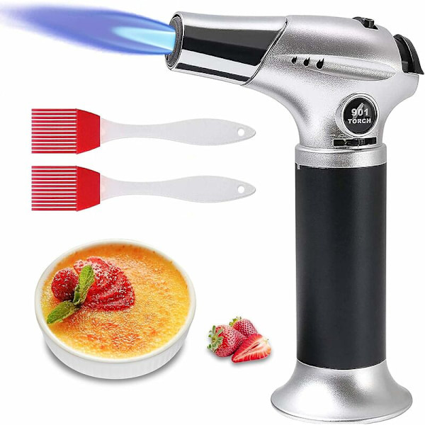 Kitchen Blowtorch, Rechargeable Torch with Safety Lock, Adjustable Flame with 2 Silicone Brushes for Cooking, Barbecue, Pastries, Soldering, Camping