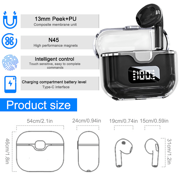 Trådlösa öronsnäckor, Bluetooth-öronsnäckor med 6 mikrofoner för tydliga samtal, brusreducerande hörlurar, för iPhone Android