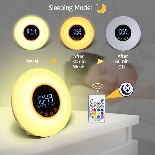 Herätyskellon näyttöaika, luonnollinen herätys, väriilmapiiri LED