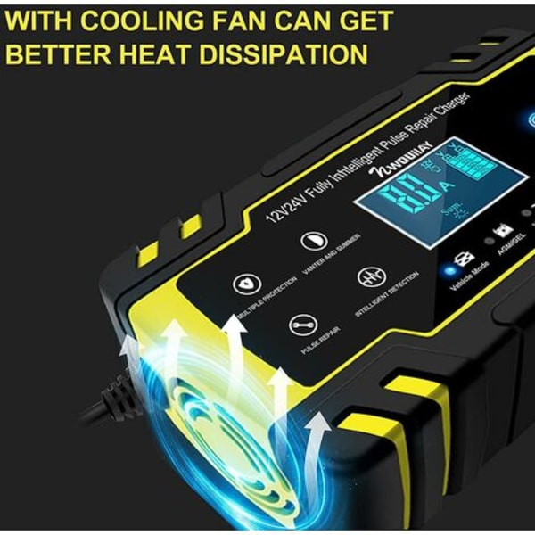 8A 12V/24V bærbar smart batterilader med LCD-berøringsskjerm
