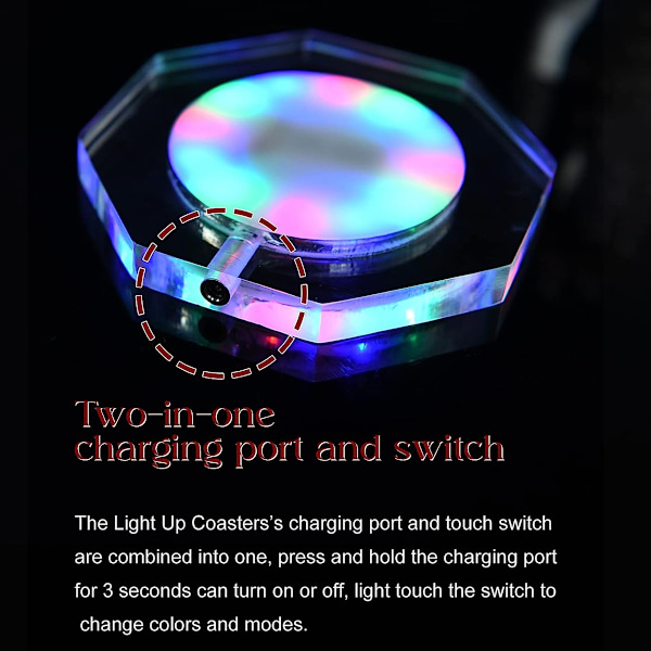 USB-laddningsbar LED-coaster, flaskbelysning för drycker, blinkande ljuscoaster för barer, fester, bröllop, festivaler