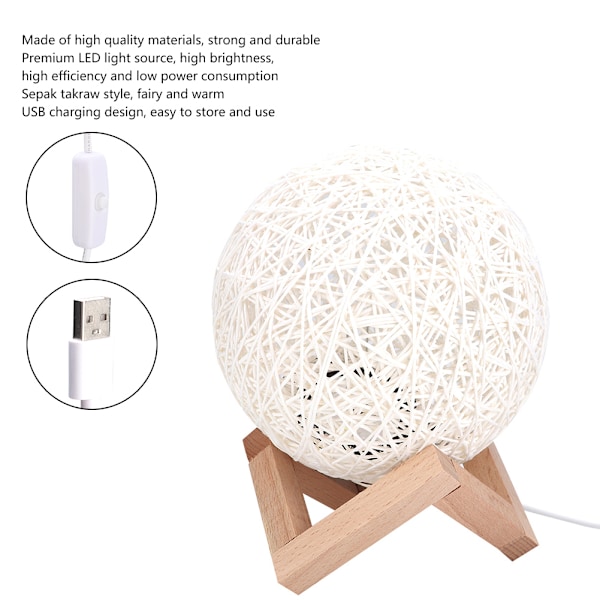 USB-laddningsbar Sepak Takraw LED-lampa i bollform, nattlampa för hem, rum, sovrum, vit