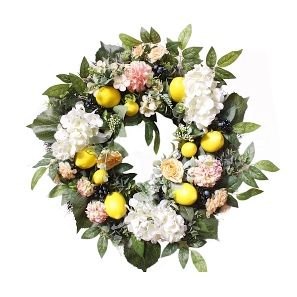 Vår- och sommarinredning, Citronkrans 61 cm Diameter Flerfärgad, Konstgjord Fruktkrans för Inomhusbruk, Inredning i Bondgårdsstil, Perfekt Dekoration för