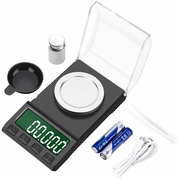 Tarkkuustaskuvaaka, 50g/0,001g Precision Scale -koruvaa'at, kannettava digitaalinen vaaka LCD-näytöllä, kalibrointipainolla, pinsetit,