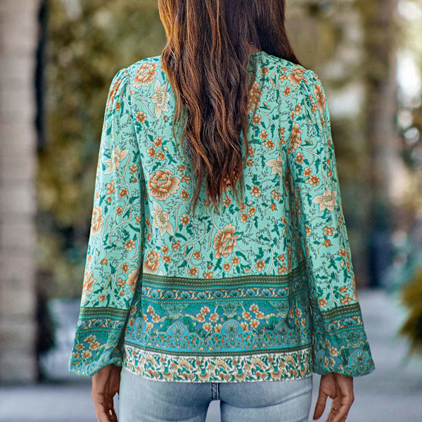 Dam Puff Långärmad Blus Blommig Tryckt Knyt V-ringning Lös Passform Elegant Pullover Topp Ljusblå M