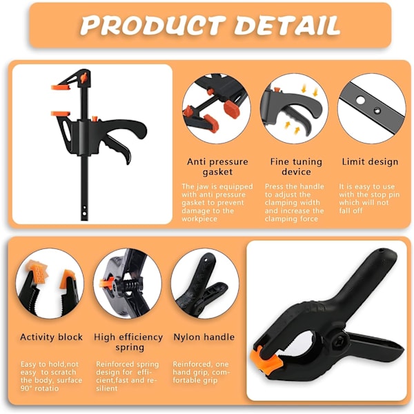 8-pack F-klämmor Clips Set, Enhandsgrepp Snabbspännare