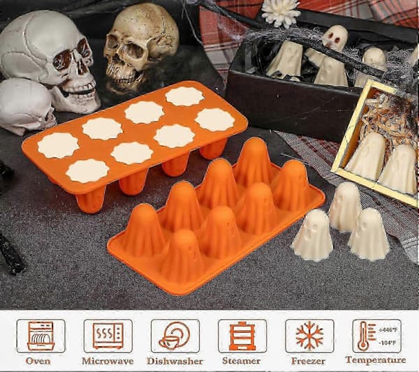 Non-stick silikoneforme til chokolade, 2 stk. Halloween 3D spøgelse silikoneforme til isterninger, budding, vingummi, gelé, DIY Halloween fest bagning dekoration